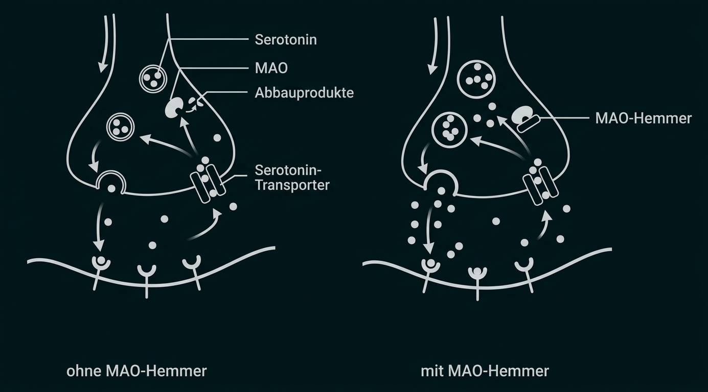 Schematische Darstellung des Serotoninabbaus ohne und mit MAO-Hemmer.
